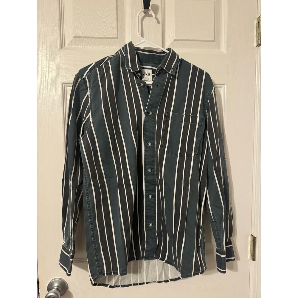Zara Mens Striped Blue and Green Casual  Long Sleeve Button Down Sz: Small